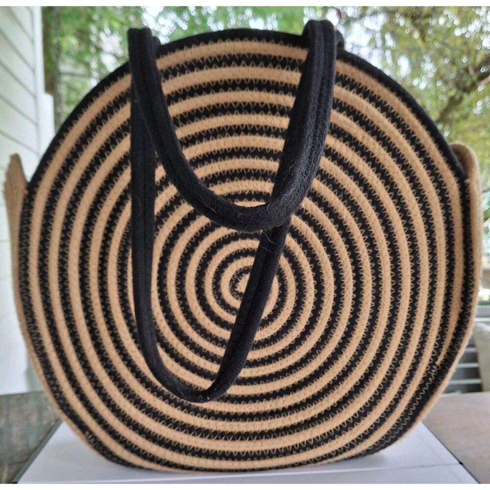 Universal Thread Women's Tote Bag Handbag Hobo Beach Rope Weave Swirl Black Tan